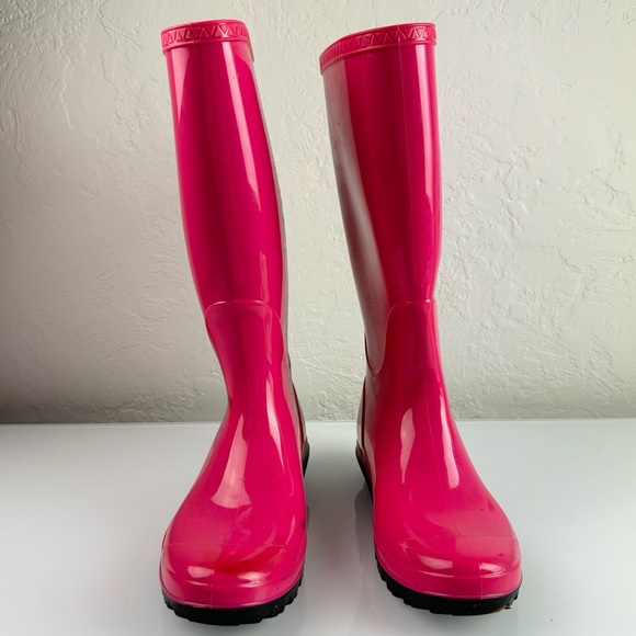 Ugg Rain Boots Rubber Pull On Sienna Solid Pink Hot‎ Bold Lined Sherpa Heeled - Picture 3 of 13